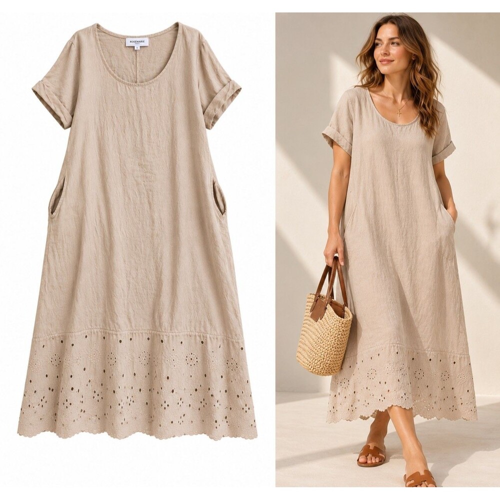 Rosemarine Italy 100% Linen Midi Dress M Taupe Eyelet Hem Pockets Lagenlook